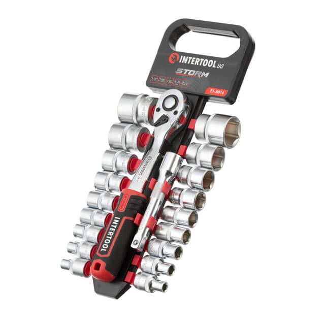 Фото Набір головок 1/2 CR-V (20шт.), тріскачка і подовжувач 125мм INTERTOOL ET-8016