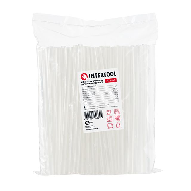 Фото Комплект клейових стрижнів 7,4*200 (1кг) прозорих INTERTOOL RT-1036